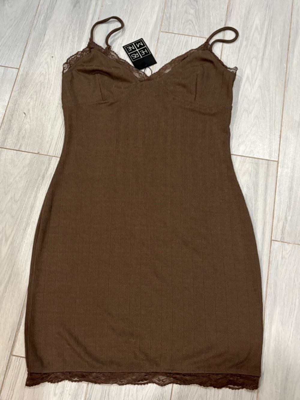 Sleek Brown Lace-Trim Mini Slip Dress